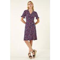 Roman Women's Floral Side Button Dress in Navy | Size: 12