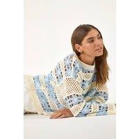 Roman Women's Floral Stripe Crochet Knit Jumper in Light Blue | Size: Small