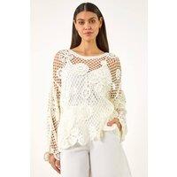 Roman Women's Floral Open Crochet Knit Tunic in Ivory | Size: Small