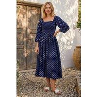 Roman Women's Polka Dot Shirred Midi Dress in Navy | Size: 12