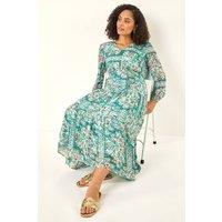 Roman Women's Printed Metallic Tie Waist Maxi Dress in Green | Size: 18