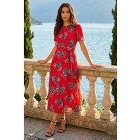 Roman Women's Floral Print Pleat Neck Midi Dress in Red | Size: 10