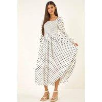 Roman Women's Polka Dot Shirred Midi Dress in White | Size: 18
