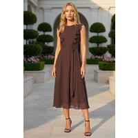Roman Women's Chiffon Frill Front Midi Dress in Chocolate | Size: 18