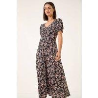 Roman Women's Rose Print Ruched Midi Dress in Black | Size: 10