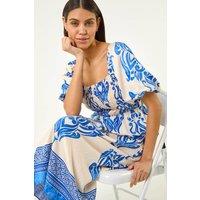 Roman Women's Abstract Print Shirred Midi Dress in Off-White | Size: 10