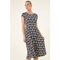 Roman Women's Daisy Print Midi Tea Dress in Navy | Size: 10