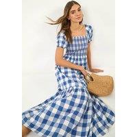 Roman Women's Check Print Shirred Midi Dress in Blue | Size: 18