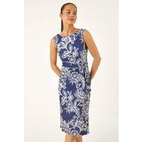 Roman Women's Petite Floral Side Tie Midi Dress in Navy | Size: 18