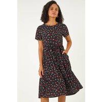 Roman Women's Cherry Print Midi Smock Dress in Black | Size: 10