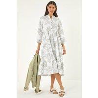 Roman Women's Floral Puff Print Buttoned Midi Dress in Khaki | Size: 12