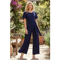 Roman Women's Pleat Neck Belted Jumpsuit in Navy | Size: 18