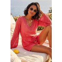 Dusk Women's Crochet Sleeve Playsuit in Coral | Size: 12