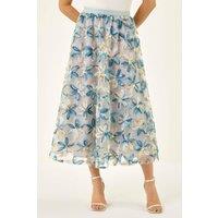 Roman Women's Textured Mesh Floral Midi Skirt in Light Blue | Size: 16