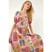 Roman Women's Postcard Print Shirred Midi Dress in Orange | Size: 12