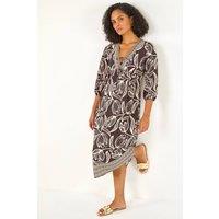 Roman Women's Leaf Border Print V-Neck Midi Dress in Chocolate | Size: 18