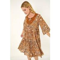 Roman Women's Abstract Print Trim Detail Tie Front Dress in Tan | Size: 10