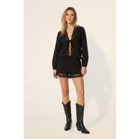 NastyGal Women's Cotton Lace Trim Tie Front Balloon Sleeve Top in Black | Size: 10