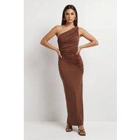 MissPap Women's Ruched Slinky One Shoulder Maxi Dress in Chocolate | Size: 6