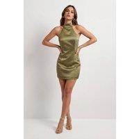 MissPap Women's High Neck Halter Panelled Satin Mini Dress in Olive | Size: 14
