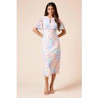Dorothy Perkins Women's Petite Floral Angel Sleeve Keyhole Mesh Jersey Midi Dress | Size: 14