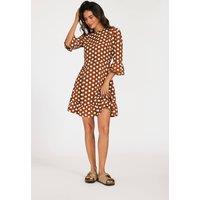FS Collection Women's Polka Dot Print Frill Detail Mini Dress In Brown | Size: Large