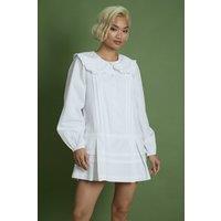 Neon Rose Women's Cotton Peter Pan Collar Drop Hem Dress in White | Size: XS