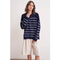 MixRay Women's Striped Crew Neck Relaxed Knit Pullover Sweater in Navy