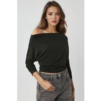 Hiccup Women's Asymmetrical Collar Long Sleeve Elastic Knit T-Shirt in Dark Green | Size: Medium