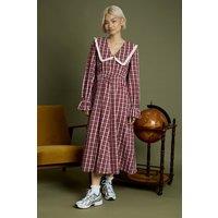 Neon Rose Women's Cotton Check V-Neck Midi Tea Dress in Burgundy | Size: XS
