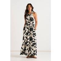 Gini London Women's Mono Stencil Linen Mix Belted Trapeze Dress in Black | Size: S/M