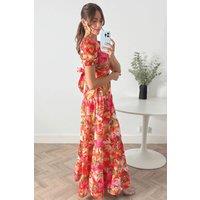 Style Cheat Women's Zoe Tropical Print Tiered Cutout Maxi Dress in Orange | Size: 10