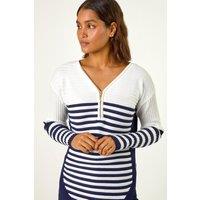 Roman Women's Stripe Zip Front Ribbed Knit Jumper in Ivory | Size: 20