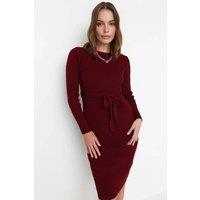 WOVCOR Women's Ribbed Knit Midi Dress with Waist Tie in Burgundy | Size: Small