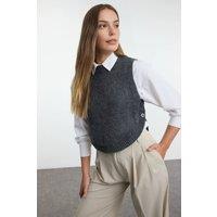WOVCOR Women's Cropped Button Detail Knit Sweater Vest in Dark Grey | Size: Large