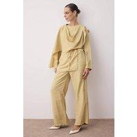 WOVCOR Women's 2-Piece Modal Fabric Woven Top with Tie Waist & Wide-Leg Trouser Set in Light Sand | Size: 8