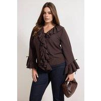WOVCOR Women's Frill Detail Tie Neck Long Sleeve Blouse in Brown | Size: 14