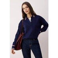WOVCOR Women's Contrast Trim Polo Collar Knitted Jumper in Navy | Size: XS