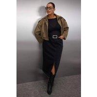 WOVCOR Women's High Waist Denim Midi Skirt with Front Slit & Slim Fit in Black | Size: 18
