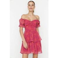 WOVCOR Women's Floral Print Off-Shoulder Skater Mini Dress with Ruffe & Tiered Hem | Size: 6