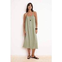 WOVCOR Women's Textured Sleeveless Strappy Midi Smock Dress with Relaxed Fit in Khaki | Size: Medium