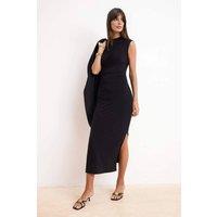 WOVCOR Women's High Neck Sleeveless Midi Bodycon Dress with Side Slit Detail in Black | Size: Small