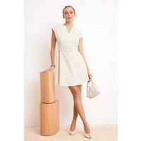 WOVCOR Women's Notch Neck Belted Cap Sleeve Mini A-Line Structured Dress in Ecru | Size: 6