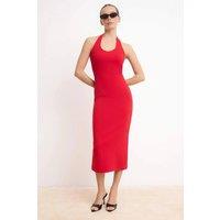 WOVCOR Women's Halterneck Bodycon Midi Dress with Sleek Contoured Fit in Red | Size: XL