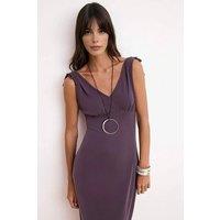 WOVCOR Women's V Neck Bodycon Midi Dress with Hardware Detail & Draped Fit in Plum | Size: Medium