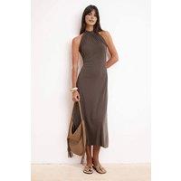 WOVCOR Women's Halterneck Ruched Midi Dress with Bodycon Silhouette in Brown | Size: XL