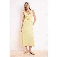 WOVCOR Women's V Neck Ruffle Detail Sleeveless A-Line Midi Knit Dress in Yellow | Size: XS