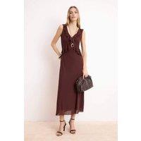 WOVCOR Women's V Neck Ruffle Detail Sleeveless A-Line Midi Knit Dress in Brown | Size: Small