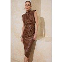 WOVCOR Women's Faux Leather Draped High Neck Sleeveless Midi Dress in Brown | Size: 8