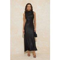 WOVCOR Women's Draped Satin Sleeveless Maxi Evening Dress with Tie Detail in Black | Size: 8